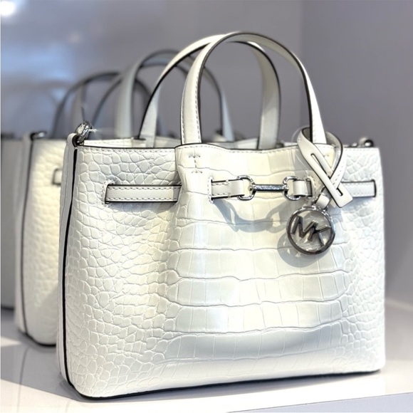 Michael Kors Carson Small Crocodile Embossed Satchel Bag Optic White Leather - Picture 1 of 10